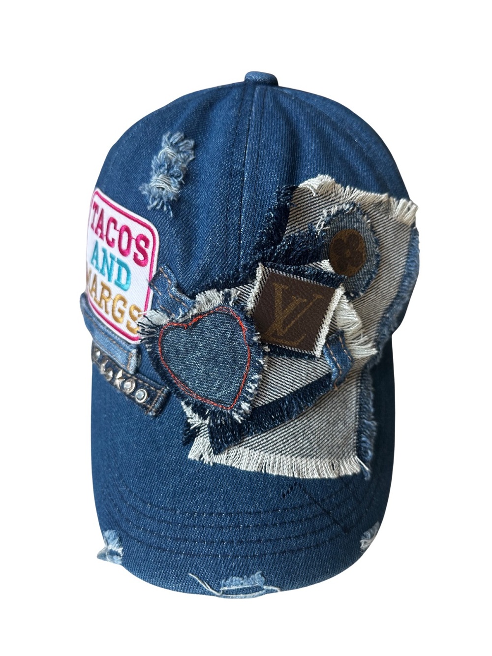Upcycled Dark Denim Trucker Hat Tacos and Margs LV Patch